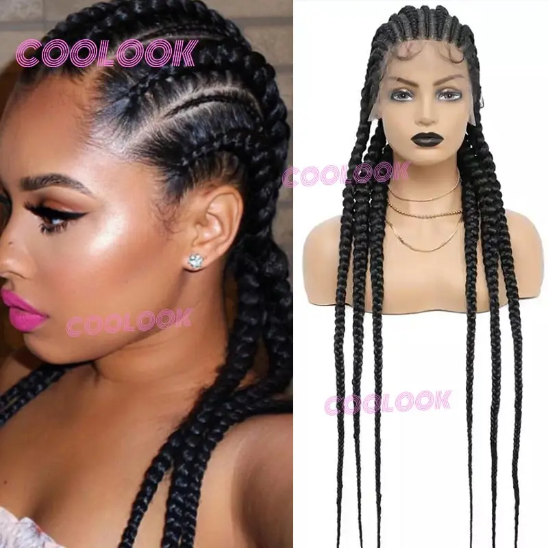 

Synthetic Full Lace Frontal Braided Wigs 36" Jumbo Box Braids Wig For Black Women Cornrows Braids Wig Crochet Hair Braiding Wigs