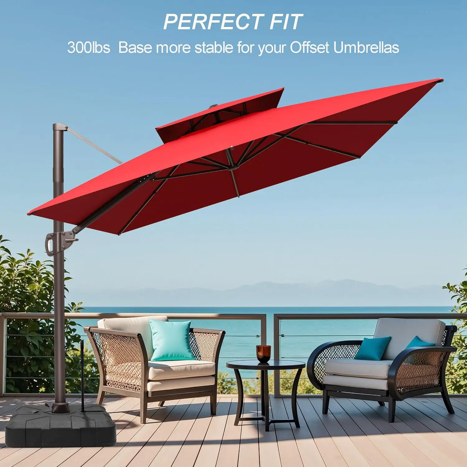 Alas Payung Cantilever dengan Roda, Penyangga Payung Patio Offset 300 lbs, Alas Payung Berbobot Isi Air & Pasir, Hitam·Baru