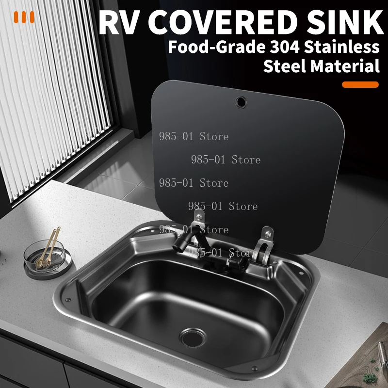 420mm Square Stainless Steel RV Sink with Faucet & Tempered Glass Cover, Kitchen Accessories for RV Caravan Camper