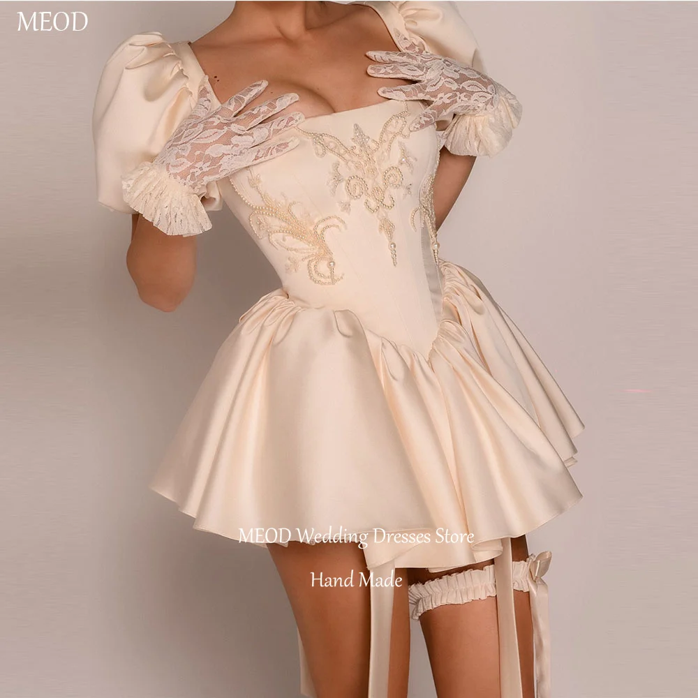 

MEOD Satin Fashion Prom Gowns A Line Short Beading Pearls Square Collar Party Dresses Mini Lace Elegant Vestidos Customized
