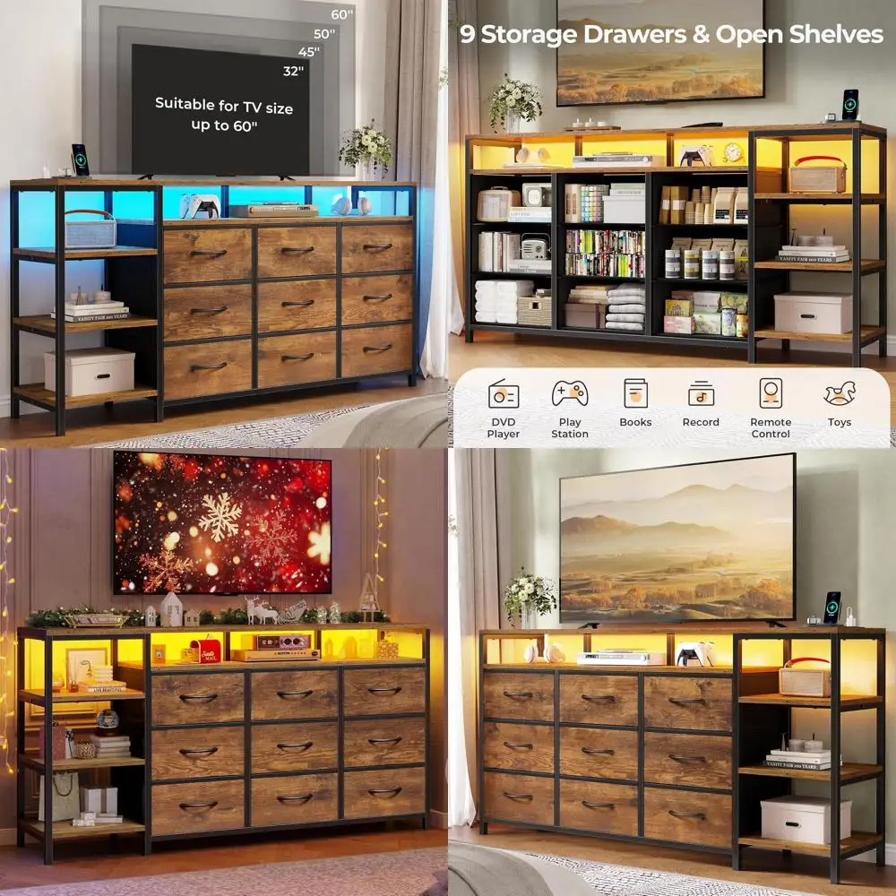 60 Inch TV Stand with Charging Station, LED Lights, Fabric Drawers, Entertainment Center, and Open Shelves in Rustic Brown for L
