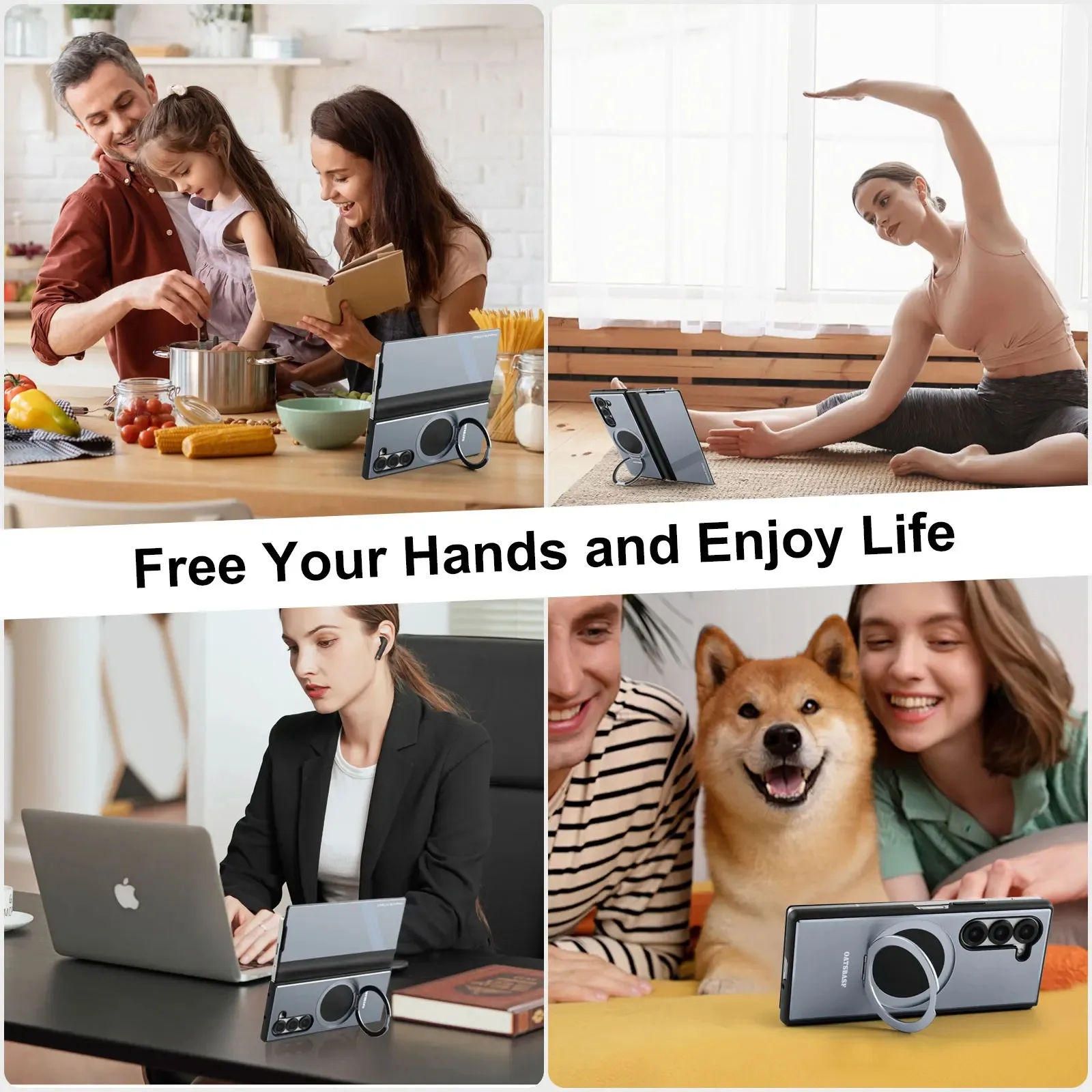 Eary Leather Metal Phone Case for Samsung Galaxy Z Fold 6 5 Magnetic Stand 360°Rotate Full Body Flip Cover Shockproof Protection