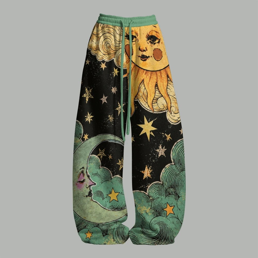 Halloween Retro Printed Sports Pants Colorful Retro Space Star Wide Leg Pants Casual Street Wear Jogging Pants