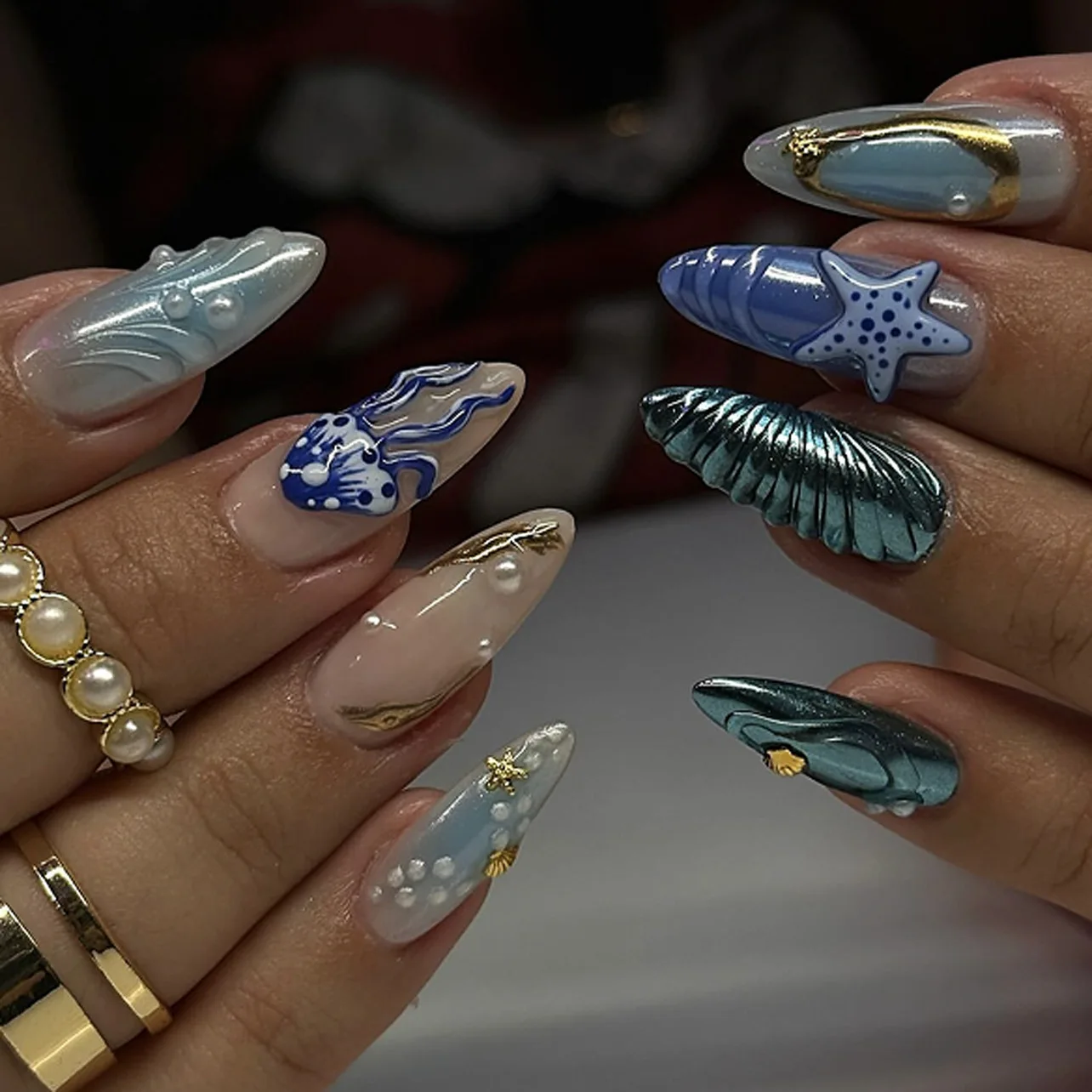 

24 pieces of almond shaped press on nails 3D ocean armor, pearl fake nails, beautiful Nail Kit LF-JP3646