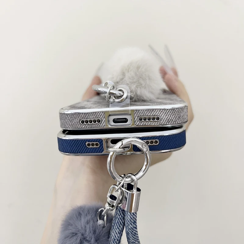 Matte Soft TPU Denim Texture PU Leather Plush Lanyard Phone Case For iPhone 17 Pro Max 15 14 13 16 Pro Max Plus Bumper Back Case view 5