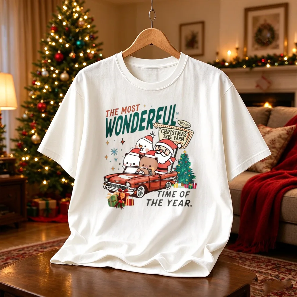 BUBU DUDU The Most Wonderful Time of The Year Graphic T Shirt Cute Santa Red Car Xmas Tree Farm Gift Print Christmas Casual Tees