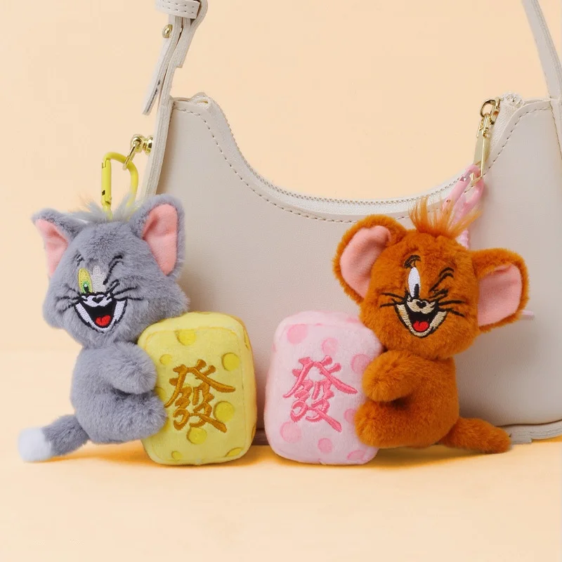 12cm Tom and Jerry Fortune Mahjong Plush Keychain Pendant New Year Tycoon Keychain Cute Bag Hanging