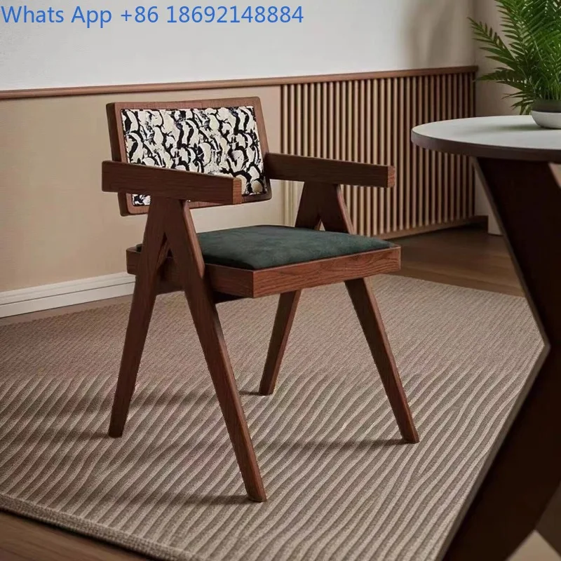 Solid Wood Dining Chair Rattan Chair Home Wabi-Sabi Style Vintage Leisure Rattan Chair