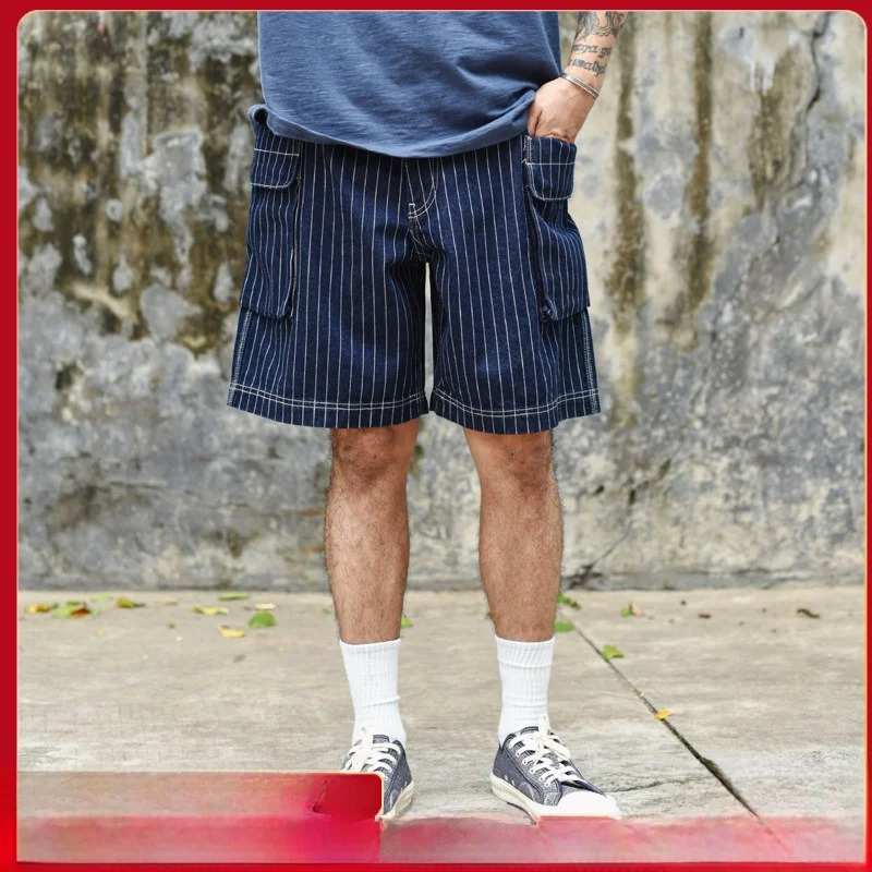 Summer Loose Fit Denim orts with Side kets Multiple kets Workwear Sle Striped Pattern Youthful And Vibrant