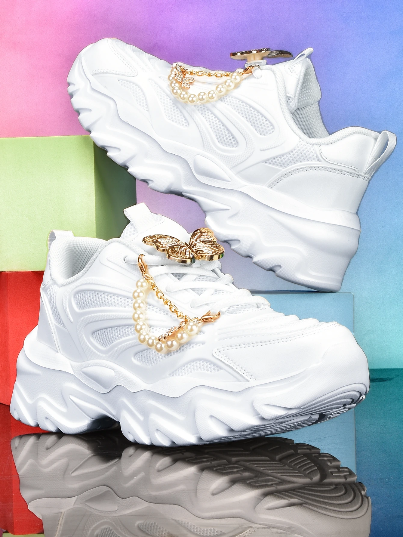 Women's Thick-Soled 5cm Height-Increasing Dad Shoes, Y2K Sweet-Cool Style, with Detachable Gold Butterfly Pearl Chain Decoration, Mesh Breathable Eva Irregular Sole, White Casual Sneakers, Trendy for Everyday Wear, Unique Design, Sweet Girl Style, Versatile for Students, Soft-Soled Comfortable Women's Shoes - view 3