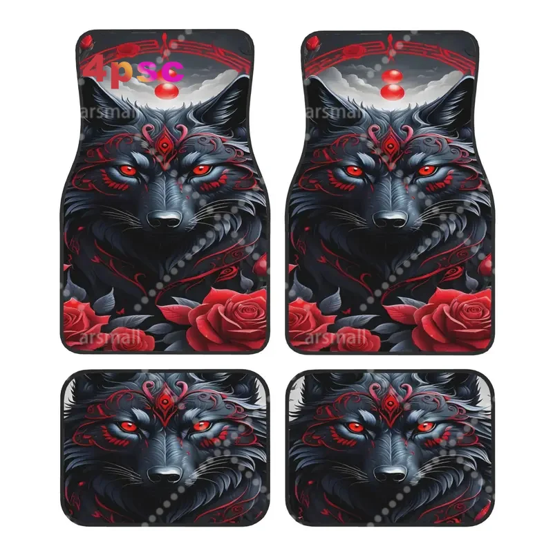 4pcs Red Wolf With Roses Pattern Car Floor Mats - Stylish & Durable, Stain-resistant, Anti-slip, Easy Clean, Universal Fit For A