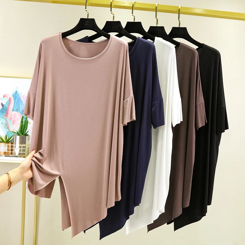 Loose Fit Dancewear T-Shirt for Women Short Sleeve Modal Mid-Length Base Shirt Asymmetrical Hemline Korean Style round Neck