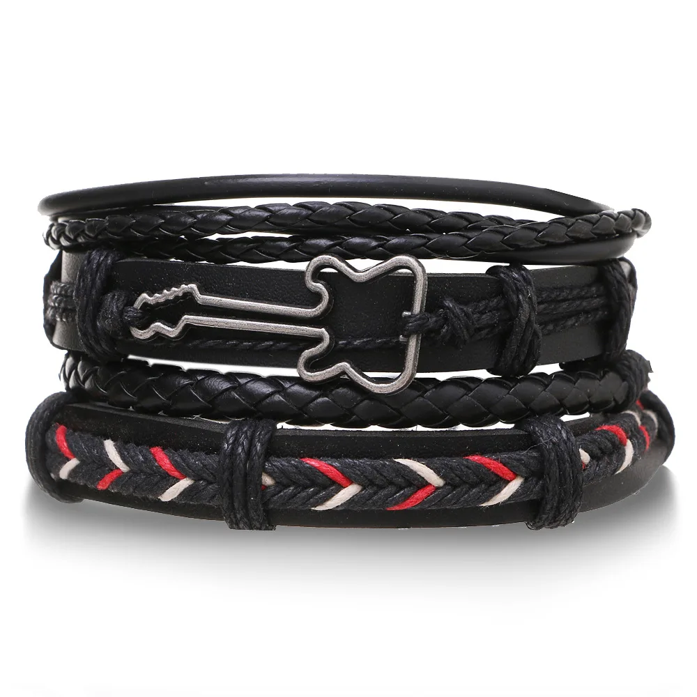 4 stks/set Gevlochten Lederen Wrap Armbanden voor Mannen Vintage Leven Boom Roer Charme Houten Kralen Etnische Tribal Polsbandje Touw Armband