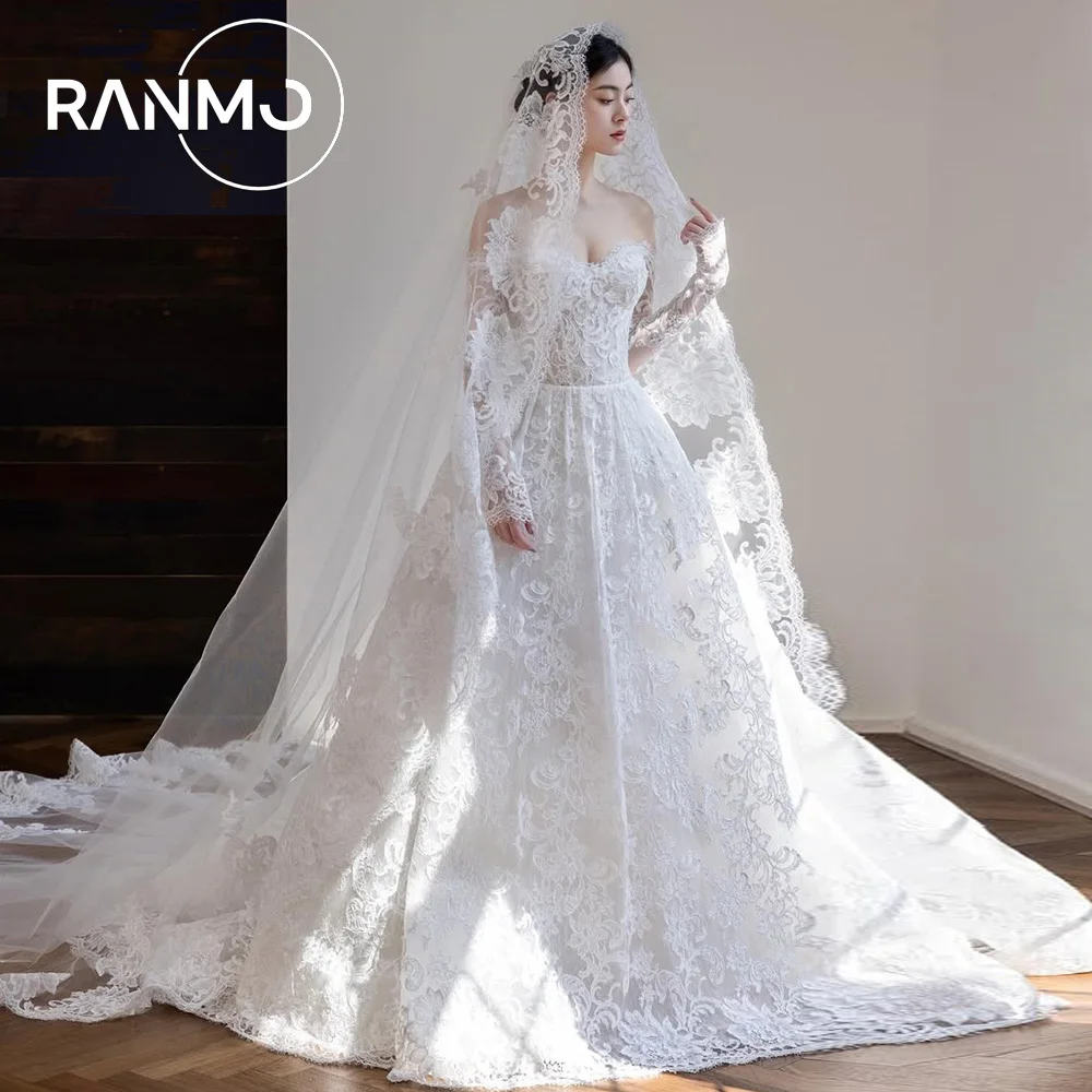 Ranmo 2026 Elegant luxurious White Lace Sweetheart Collar Off the Shoulder Wedding Party Dress A-line Floor-Length Customized