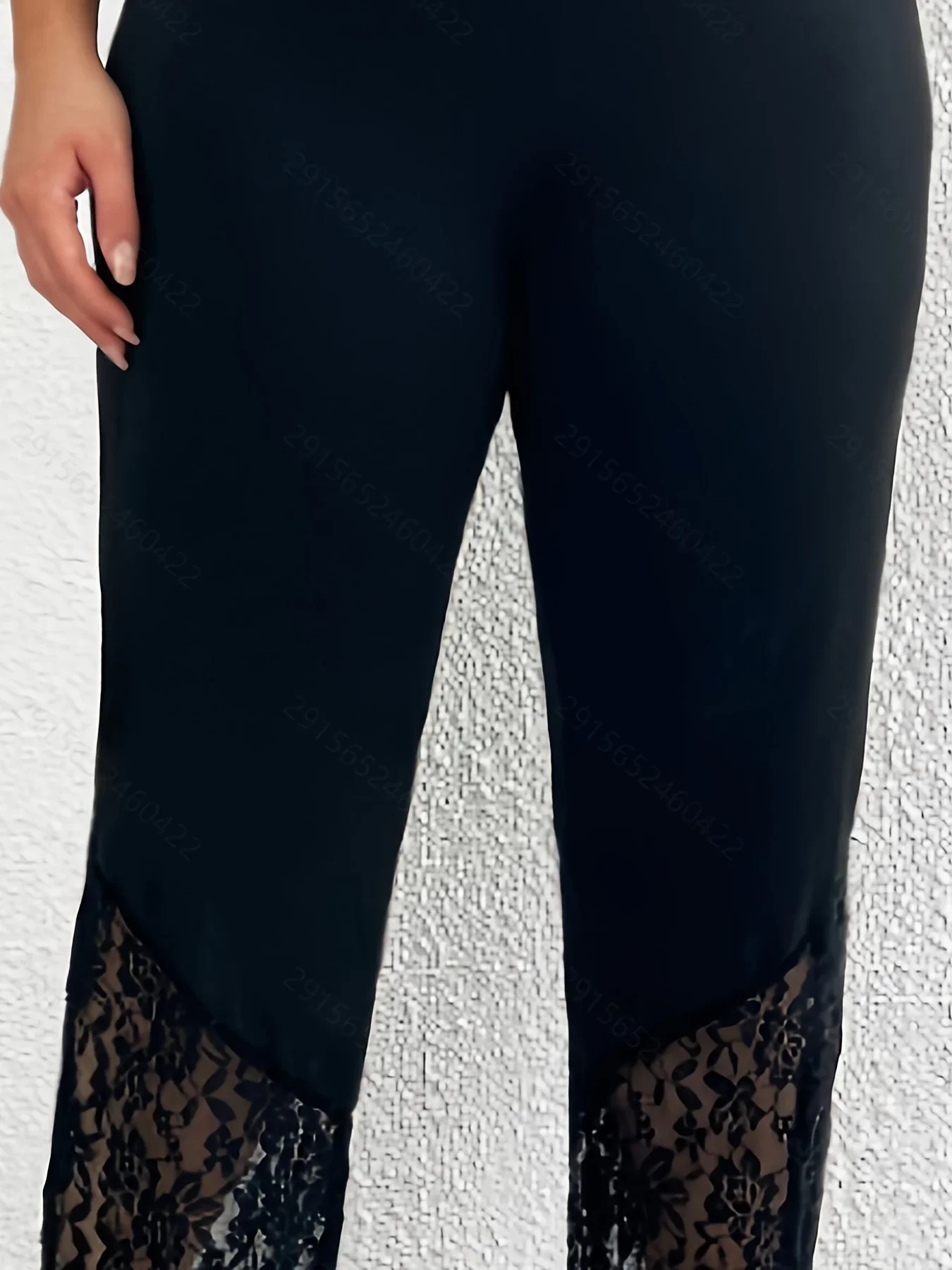 Calça casual preta feminina, monocromática, renda de contraste, elástica, cintura alta, leve, calças elásticas, plus size