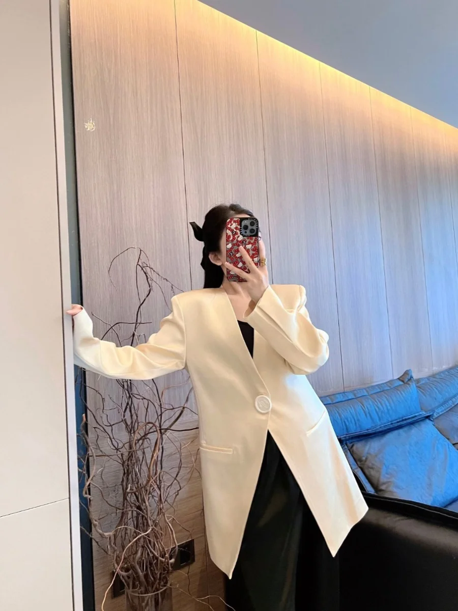 

Early Autumn Printed Button Acetate Elegant Style Commute Suit Jacket Long Sleeve Mid-Length Women's Fashion Business Coat