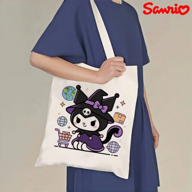 

1pc Sanrio Kuromi Witch Print Canvas Tote, Reusable Casual Shoulder Shopper