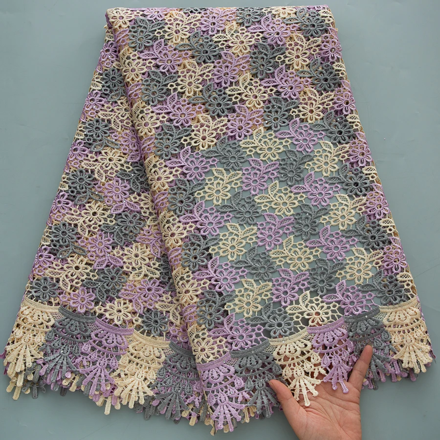 ​ Mehrfarbiger floraler afrikanischer Guipure-Kordel-Spitzenstoff – hochwertiger französischer Vintage-Stil mit 3D-Stickerei für Braut- und Hochzeitskleid