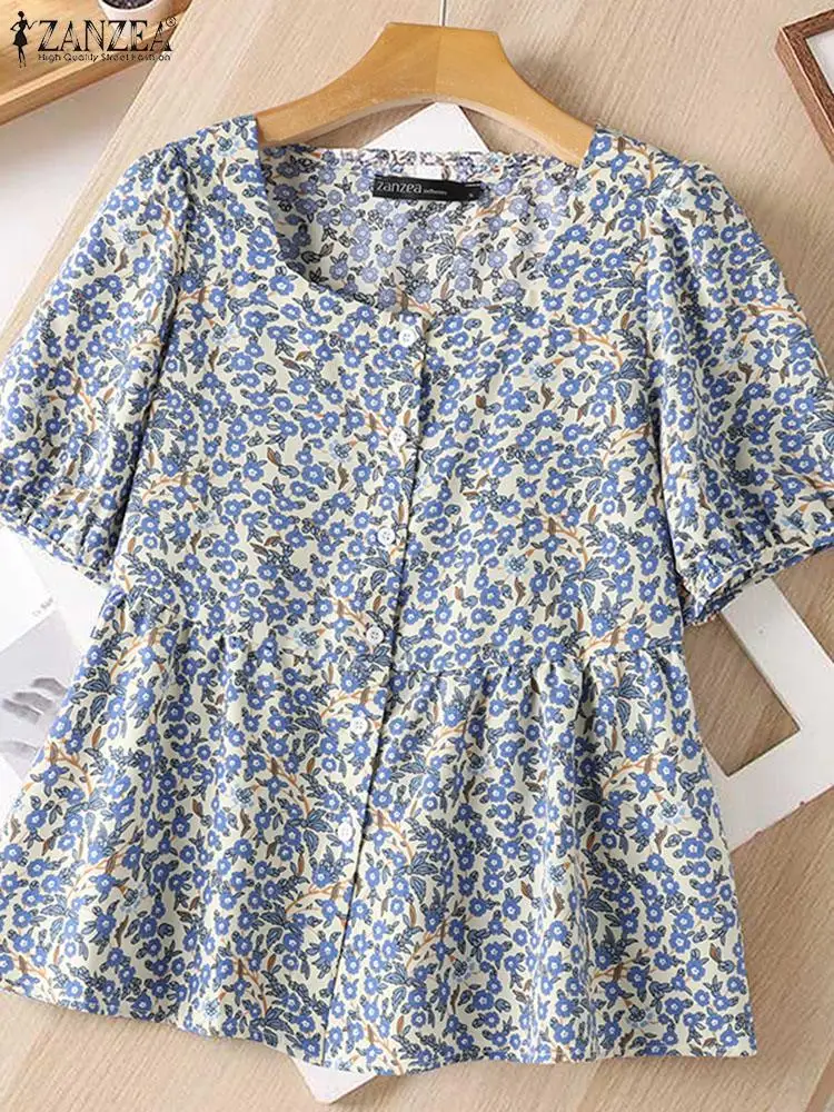 ZANZEA Sweety Tops Fashion Women Bohemian Blouse 2024 Summer Square Collar Floral Printed Shirts Holiday Pleating Office Tunics