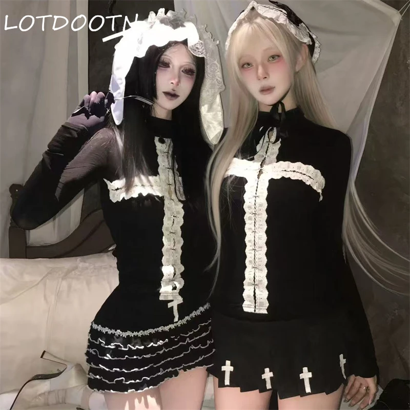 

LOTDOOTN Harajuku гранж женские прозрачные футболки готические Y2k эстетические кружевные футболки с крестом уличная одежда повседневная сексуальная футболка Femme