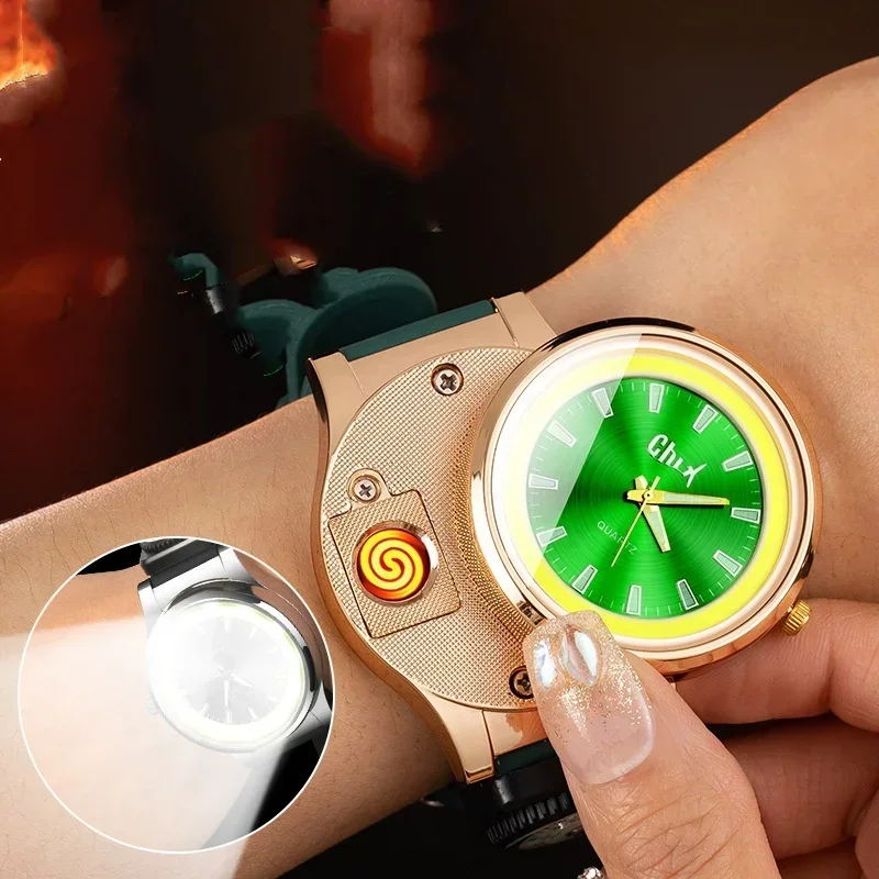 2024 Creative Multi functional Watch with Compass Tungsten Cigarette Lighter COB Lighting Windproof Watch Gift Best Choice