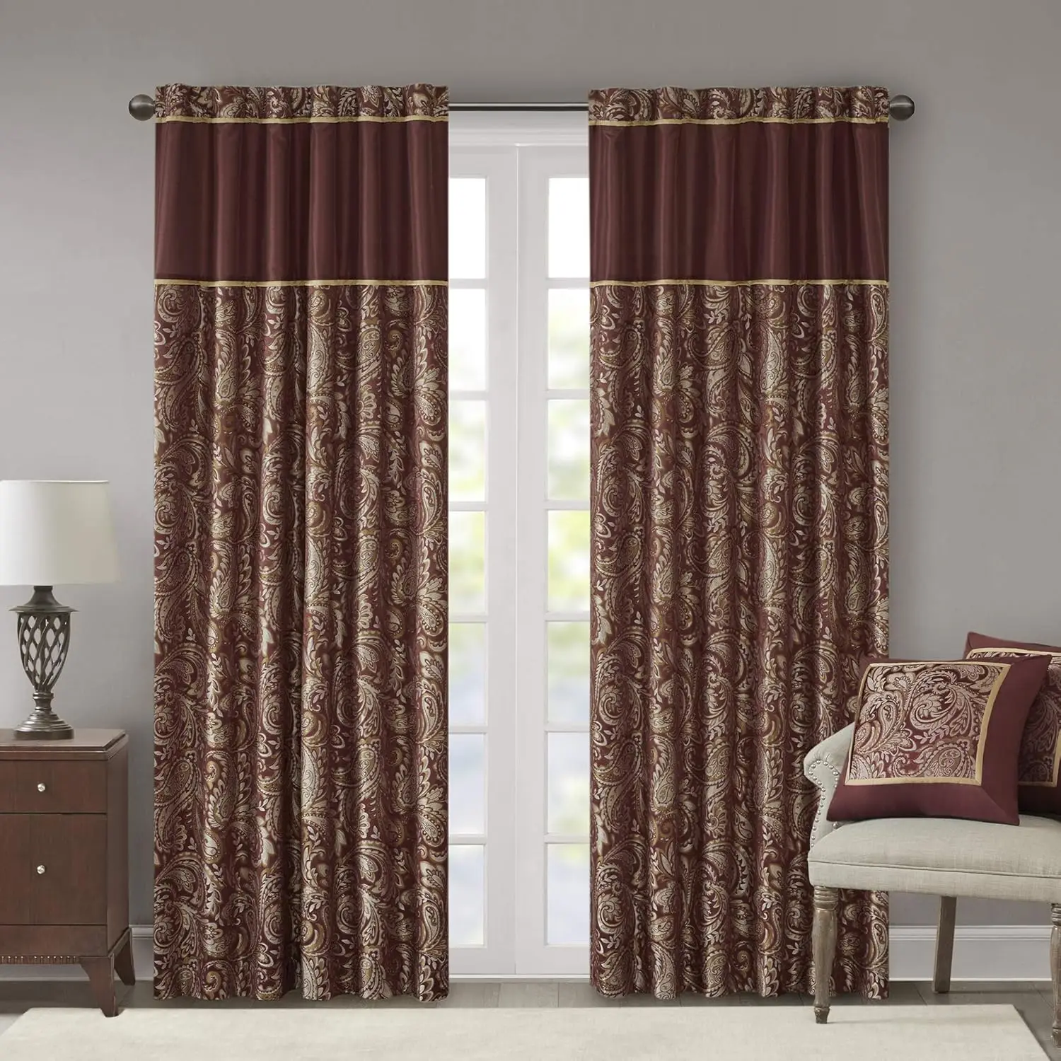 

Aubrey 2 Panel Ain Faux Silk Paisley Jacquard, Rod Pocket Ain For Living Room, Kitchen, Room Darkening Window Drape For Bedroom