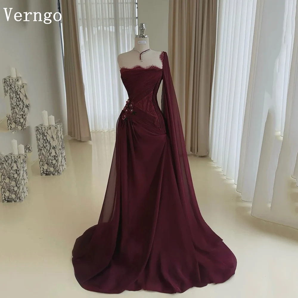 

Verngo Burgundy Chiffon Evening Dress Strapless A Line Sweap Train Prom Gowns Saudi Arabia Formal Occasion Dress Customized