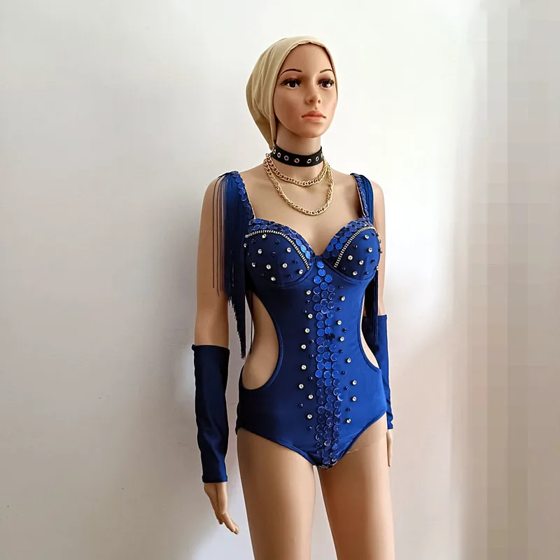 Blauwe spiegel franje bodysuit met handschoenen sexy stage performance kostuum voor nachtclub bar vrouwen gogo danseres zanger team outfit