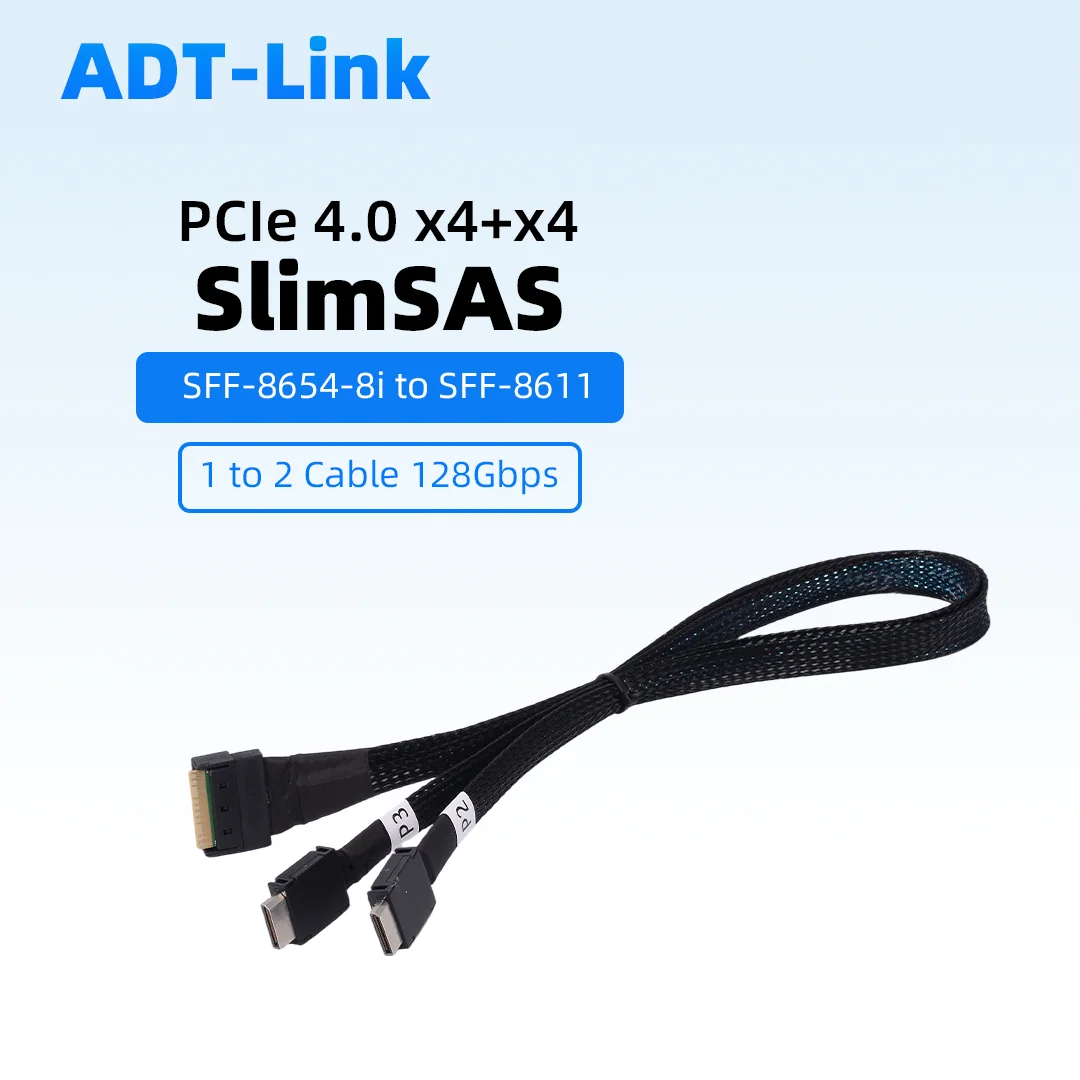 SlimSAS SFF-8654 8i to SFF-8611 cable 1 to 2 MCIO x8  PCIe 4.0 X8 /x4+x4 Gen4 SFF-8639 SFF-8654 Supports split OCuLink U2