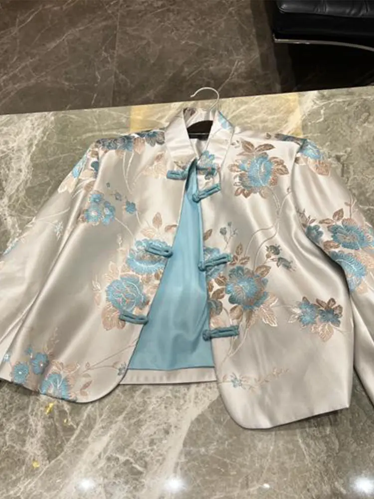 2024 new chinese style blouse chinoiserie fashion embroider matching coat women autumn blue lady casual daily tangsuits shirt