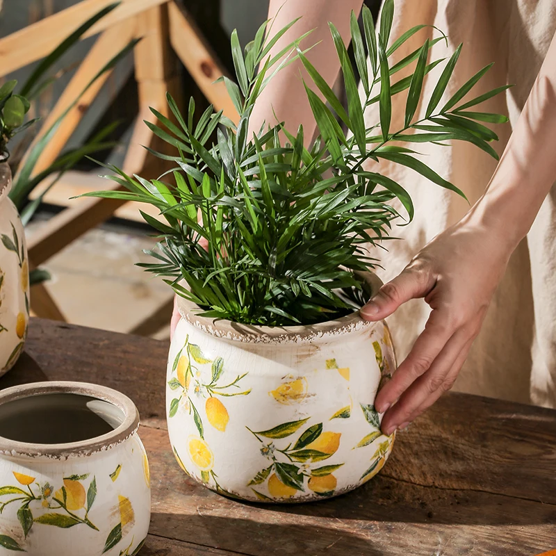 Vase Ceramic Lemon Printing Underglaze Color Necking Flower Pot  Home Outdoor Balcony Desktop Decoration Creative Retro Idyllic