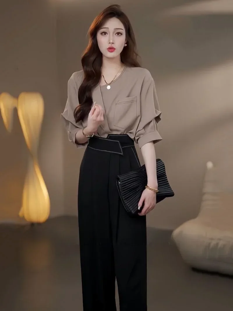 Ladies Trouser Summer 2024 Shirt Baggy Wide Leg Women\'s Blouse and Pants Two Piece Set Business Formal with Sleeve Korean Style