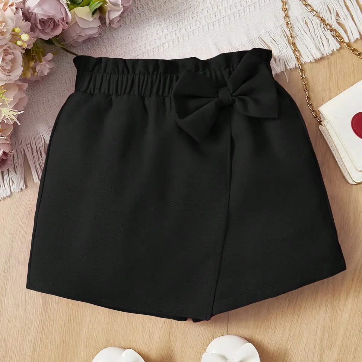 Young Girl Casual A-line Short Skirt Toddler Solid Color Paper Bag Tie Waist Bowknot Skort For Summer