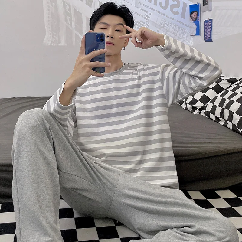 Striped Pajama Sets Men Baggy Spring Minimalist Homewear Korean Style Long Sleeve Simple Daily Comfortable Fashion Casual Ins