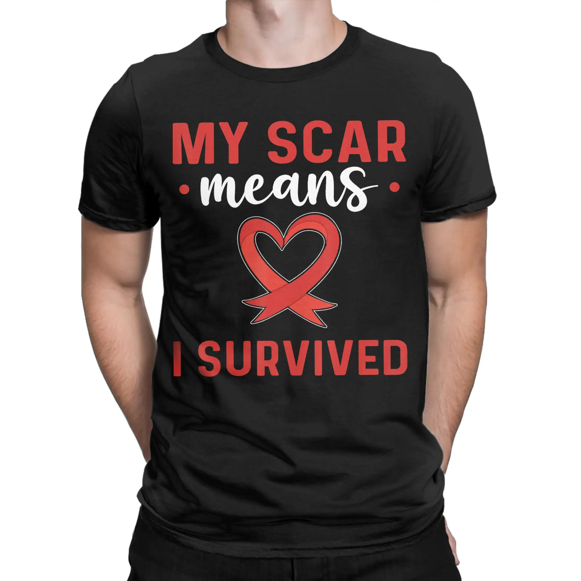 My Scar Means I Survived Heart  T Shirt for Men Pure Cotton Vintage T-Shirt Crew Neck  Tee Shirt Short Sleeve Clothes Plus Size