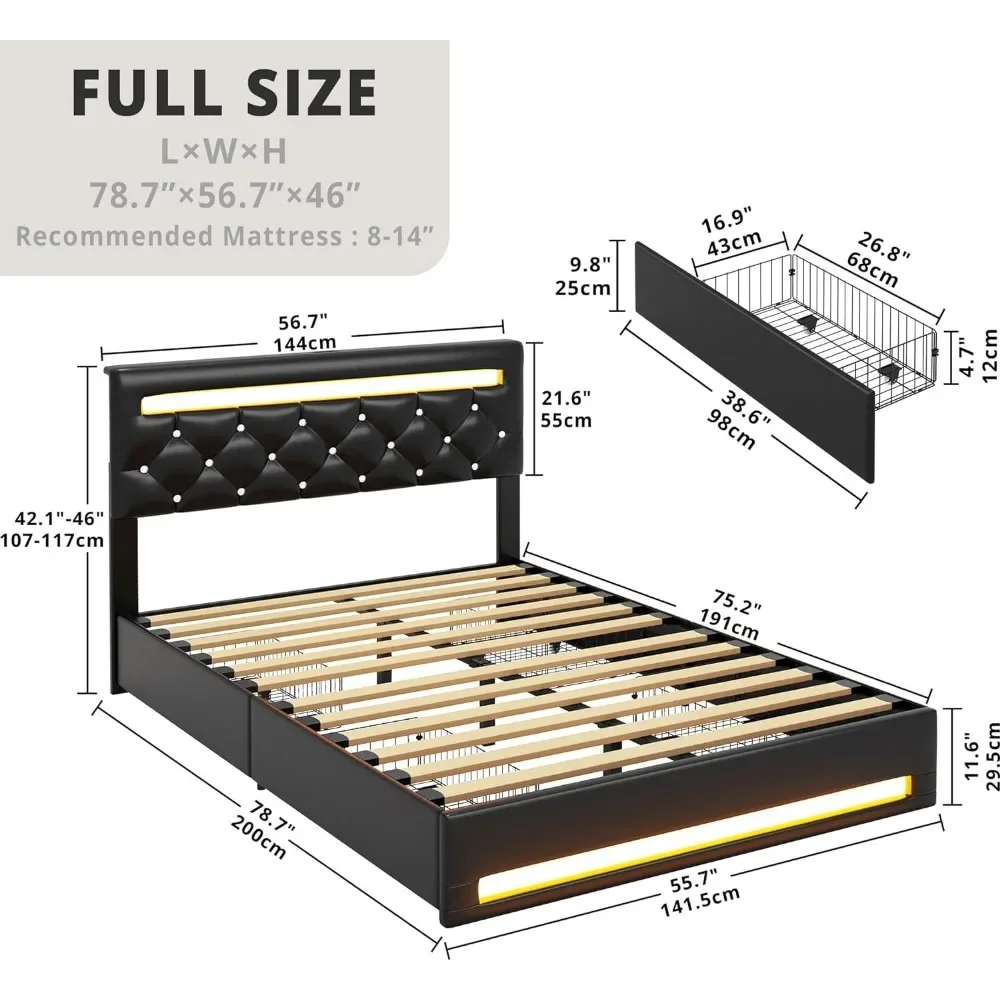 Bed Frame with LED Light, PU Leather Platform Bed Frame with 4 Drawers, Adjustable Crystal Button Tufted Headboard