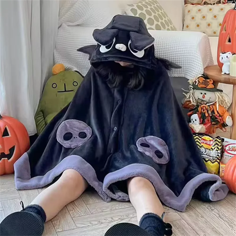 Cartoon Kawaii Bat Y2k Blanket Plush Pajamas Anime Cloak Halloween Cloak For Adults Winter Ponchos Women Hooded Cape