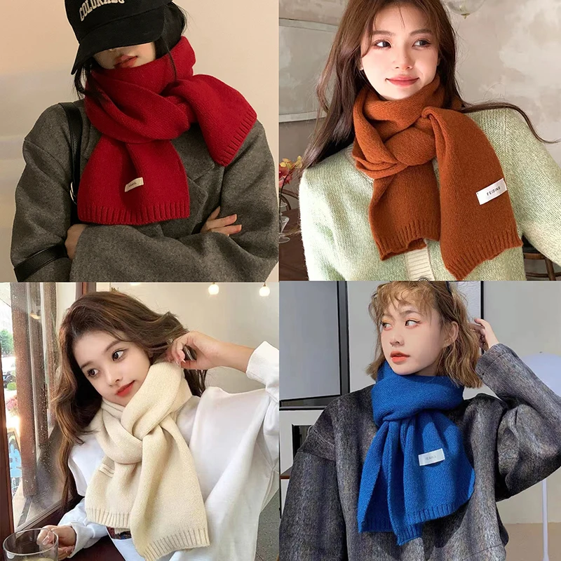 Winter Knitting Scarf Women Thermal Neck Warmer Solid Fleece Keep Warm Scarf Thickening Windproof Neck Cover