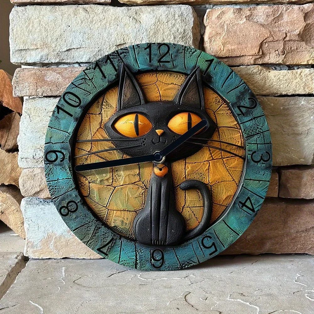 Silent Aluminum Wall Clock With Black Cat Design - Perfect For Pet Lovers & Winter Entrance Decor, Diy Craft Supplies