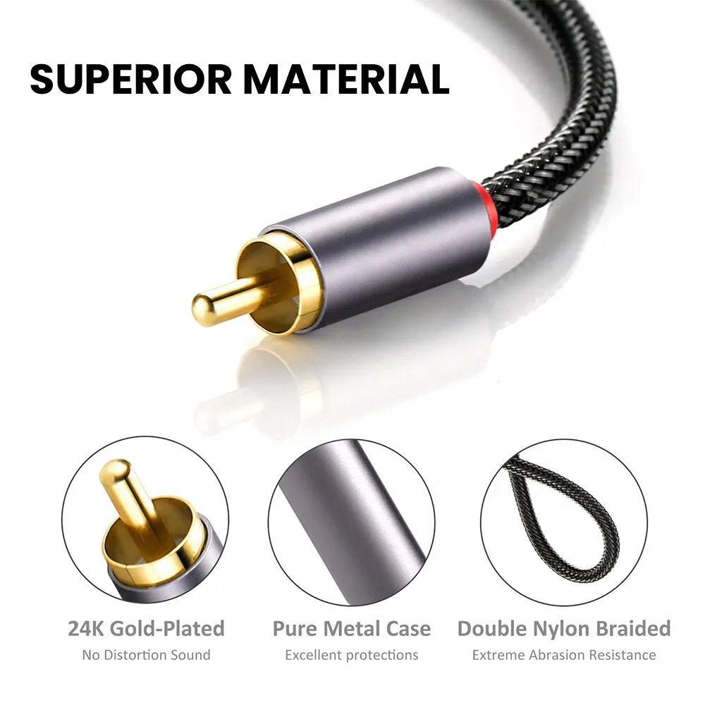 NIERBO 3.5mm to RCA Cable 2m 6.6ft RCA Audio Cable 24K Gold Plated Male to Male Stereo Aux Cord Y Splitter Adapter for Audio