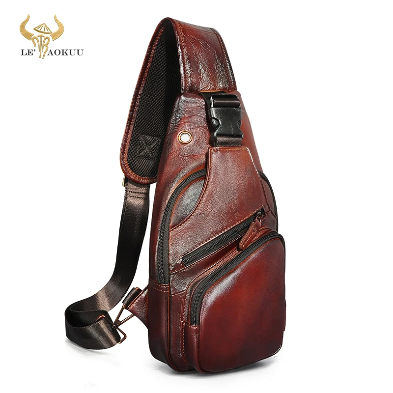 

New Oil Wax Leather Men Vintage Travel Triangle Chest Sling Bag Design 8" Tablet One Shoulder Strap Bag Day-pack For Male 8015