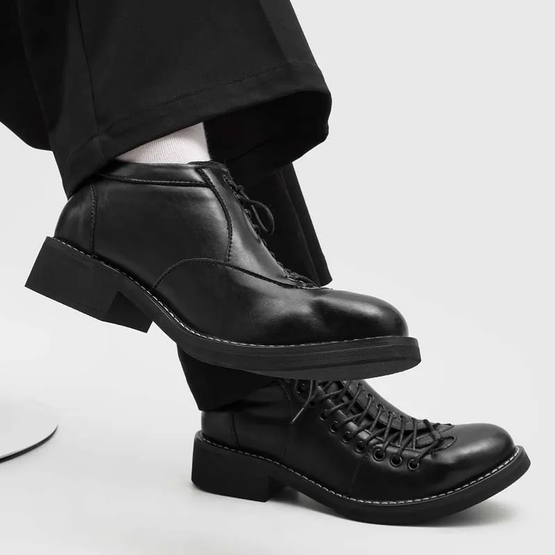 Men British Style Chelsea Derby Leather Shoes Black Thick Sole Upturned Pointed Toe Casual Daily Walking Dres Footwear Men Shos