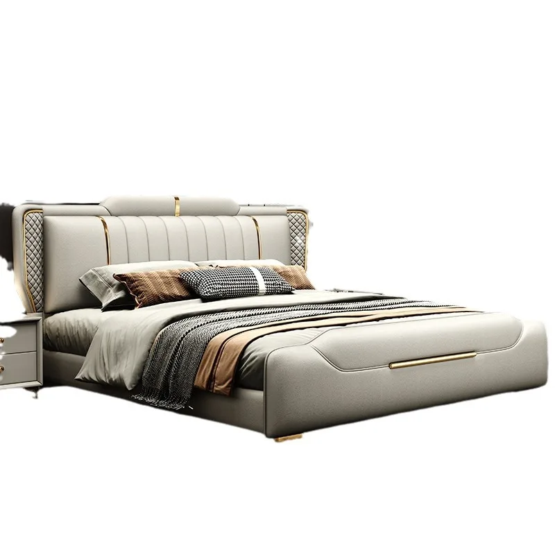 

Italian light luxury leather bed, modern simple master bedroom soft bag double bed