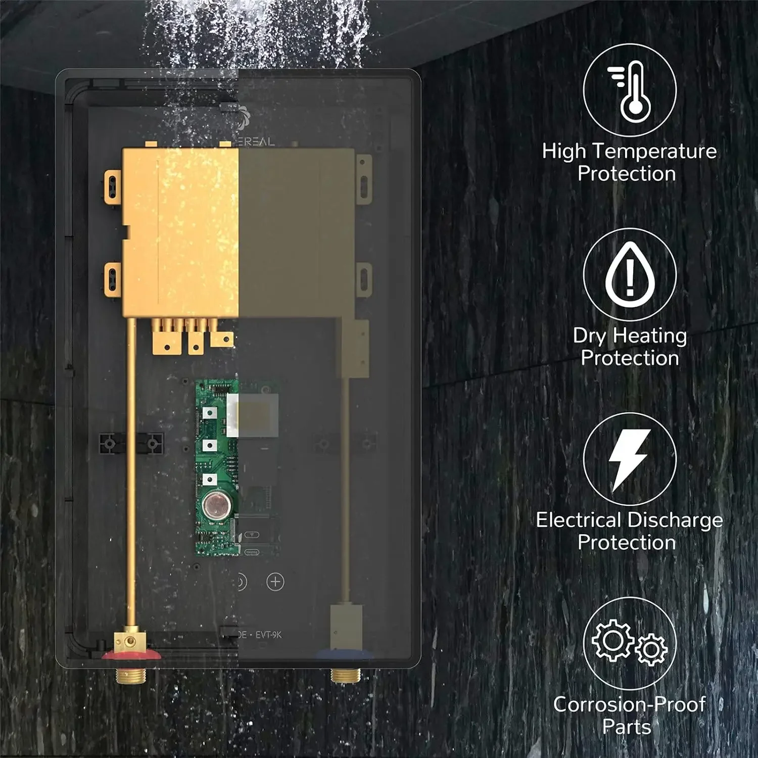 전기 탱크리스 온수기, 무한 온온수, 자체 변조, 에너지 사용 절약, 9kW, 240 볼트