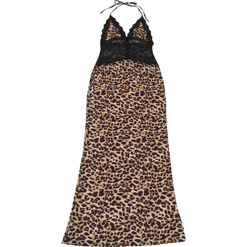 Weird Puss Spitzen-Patchwork-Kleid für Damen, Leopardenmuster, rückenfrei, Neckholder, Bandagen, ärmellos, sexy, für Partys, Streetwear, Maxi, figurbetont – Detail 3
