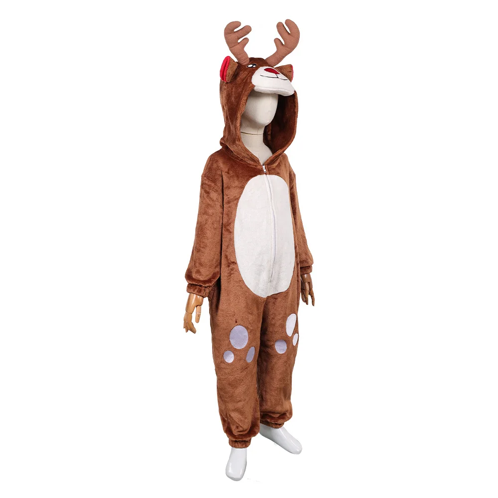 Kids Reindeer Cosplay Pajamas Costume Animal Brown Deer Disguise Boy Girl Nightwear Halloween Christmas Carnival Party Jumpsuit view 5
