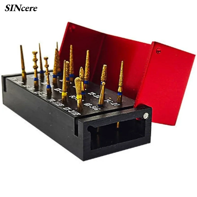 

Dental Diamond Burs Drill Golden Veneer Bur Set Disinfection Alumimum Box Block Holder Dentist High Speed Handpiece Tools