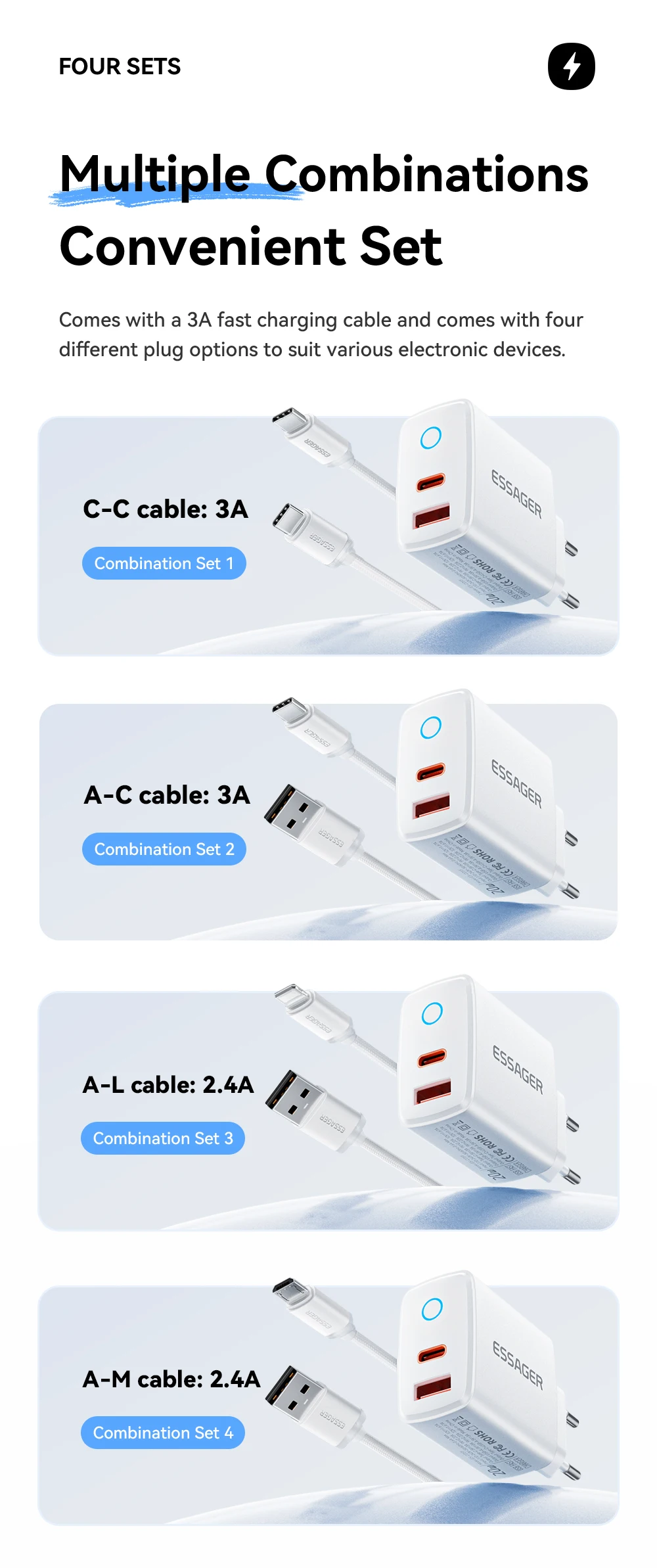 Essager 20W Typ-C Ladegerät-Set für iPhone 17 16 15 Xiaomi PD 3A Typ-C Lightning Micro Kabel Schnellladegerät für iPhone 14 iPad – Detail 3