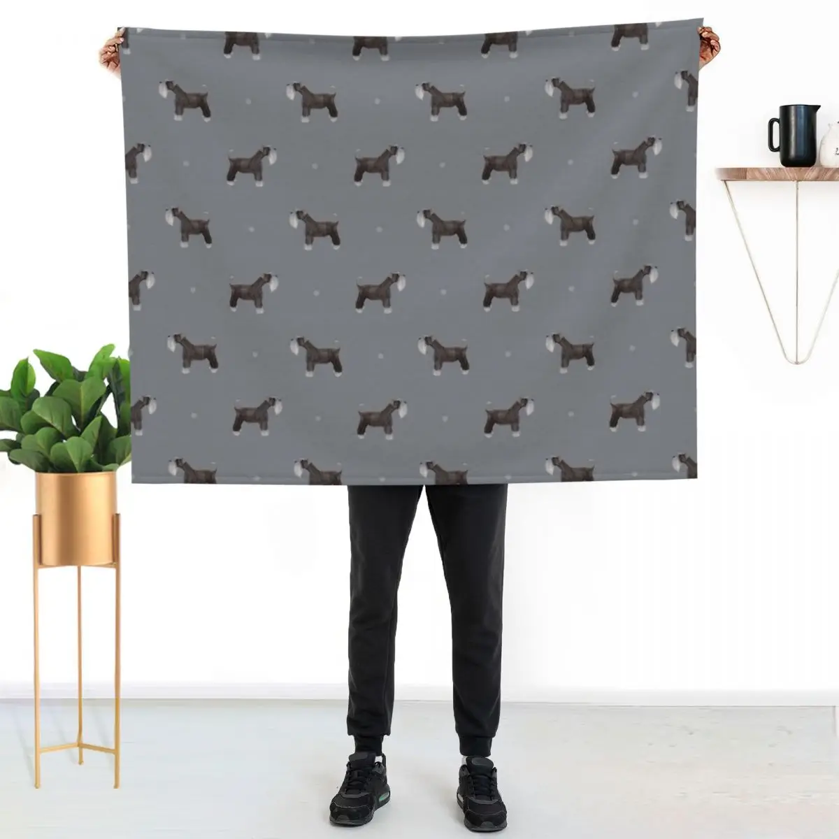 Side facing Schnauzer repeat pattern Soft Grey Throw Blanket Vintage Decorative Beds Luxury Designer Extra Large Throw Blankets