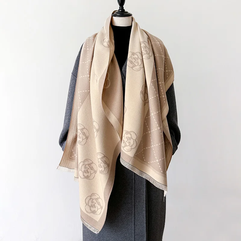 New Luxury Winter Camellia Two-Sided Cashmere Jacquard Scarves High Quality Women Thicken Wrap Shawl Ladies Wool Pashmina Scarf